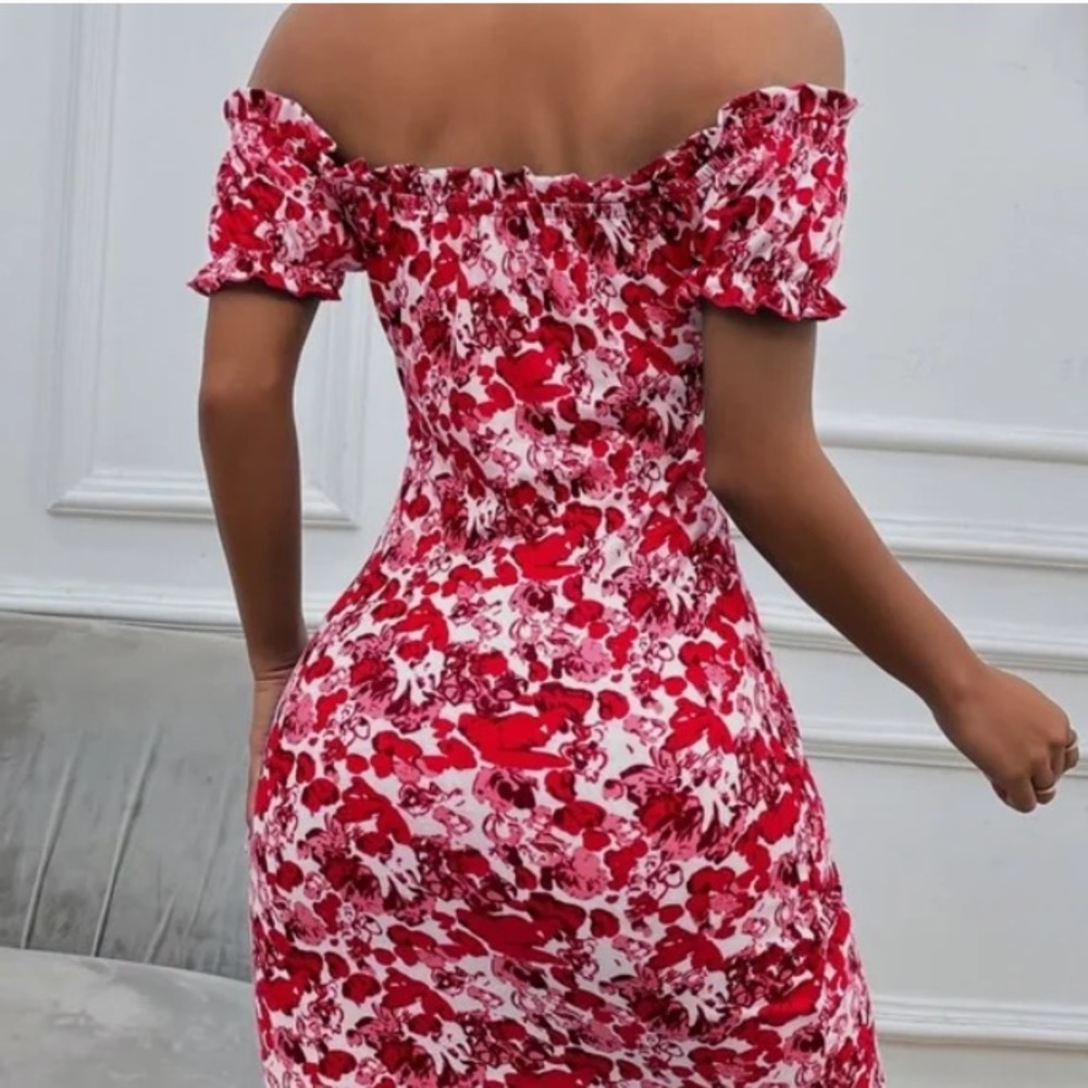 Boho Blue Floral Print Off Shoulder Bodycon Dress - Picture 8 of 11